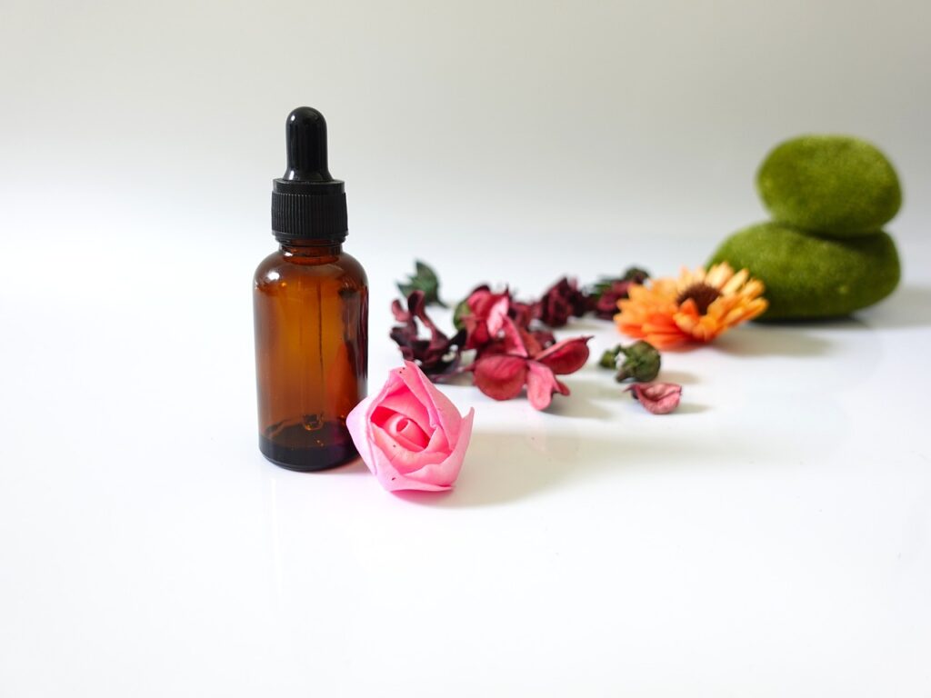 essential oil, flower, bottle